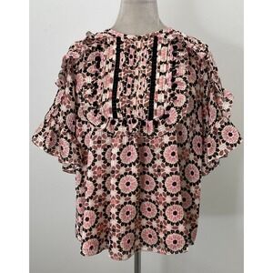 KATE SPADE New York Live Colorfully Bib Blouse Sz M Black Pink Geo EUC